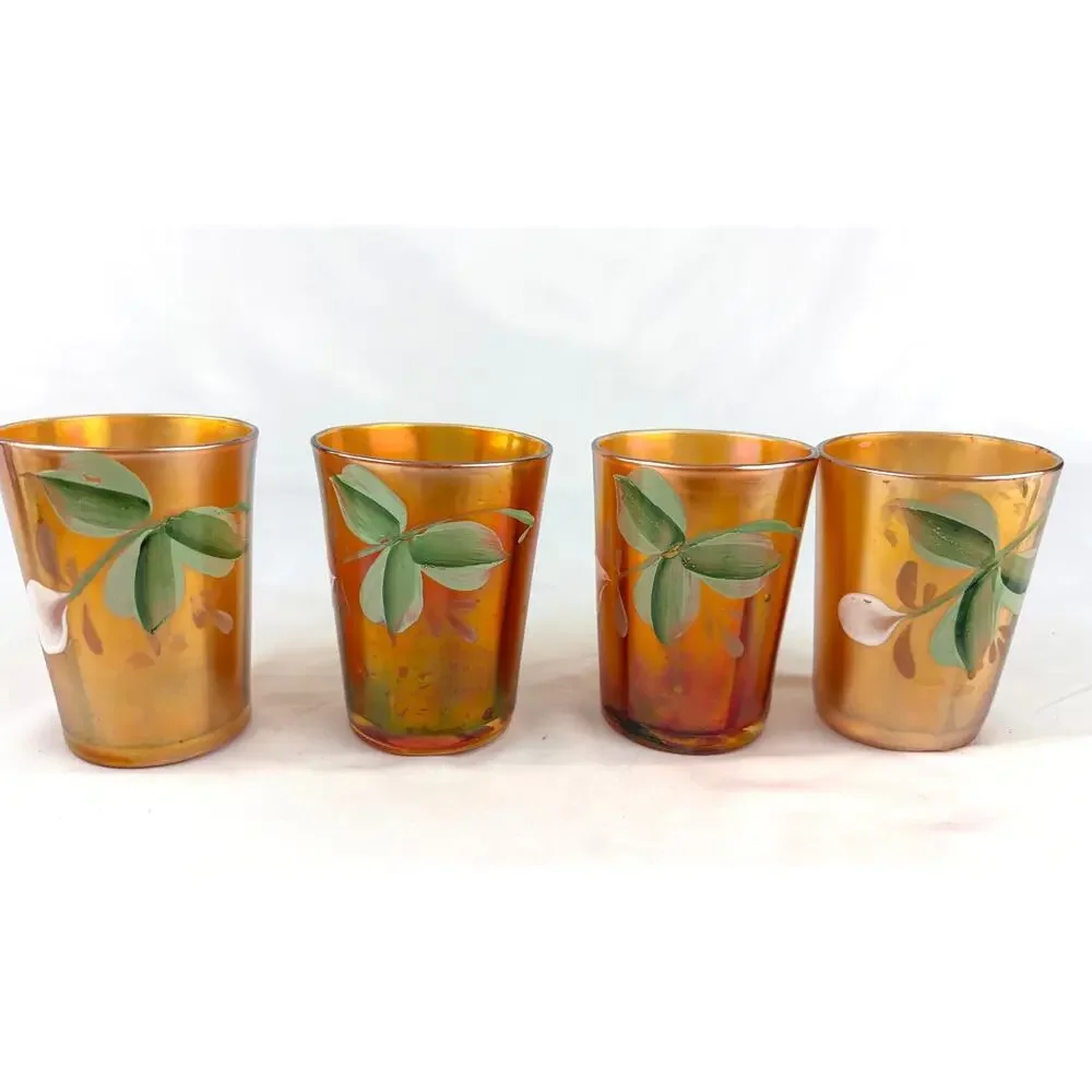Lot of 4 Antique Fenton Enameled‎ Windflower Marigold Carnival Glass Tumblers